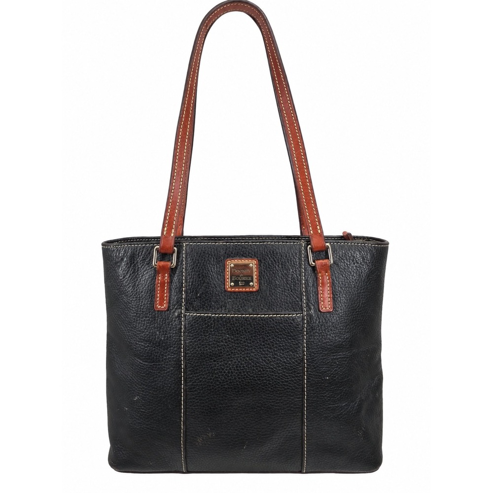 Dooney & Bourke Black Pebble Grain Leather Zip Top Tote Bag with Tan Straps
